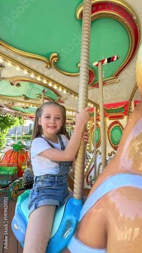 Happy emotional child riding on a merry go round at amusement park. Little girl playing on carousel, summer fun, happy childhood, vacation and entertainment concept. Slow motion footage 