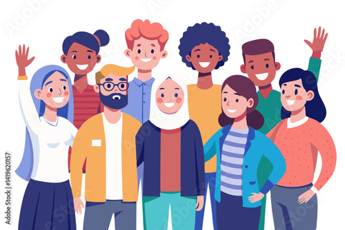 Illustration of a diverse group of people smiling and waving in a friendly manner together happily