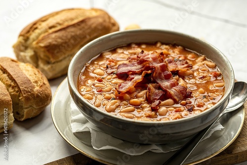 A photograph of a steaming bowl of creamy baked bean soup