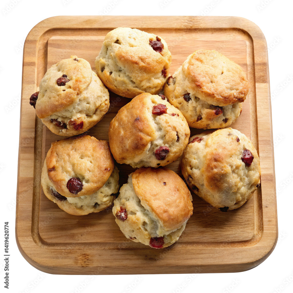 Fototapeta premium Delicious Homemade Cranberry Scones on a Wooden Serving Board Ready to Eat