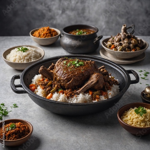 Delicious fried chicken wings and pork with rice dish, a satisfying meat meal