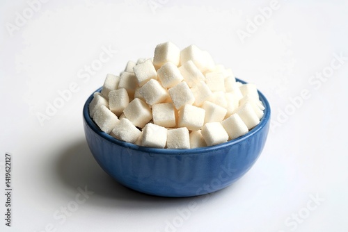 white sugar cubes arranged neatly in a blue ceramic bowl