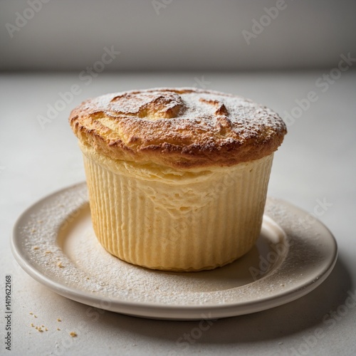 A tasty homemade chocolate muffin, a sweet baked pastry with cream, sits isolated on a white plate, a delicious snack or breakfast food