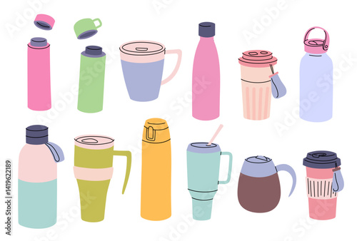 Cartoon Color Different Thermo Mugs and Bottles Set Take Away Drinks Concept Flat Design Style. Vector illustration of Tumblers with Cover
