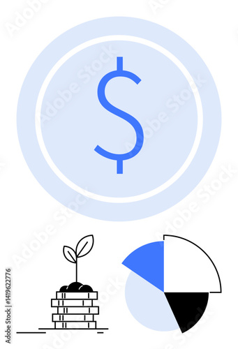 Dollar sign in circle, plant sprouting on coin stack, pie chart with segments. Ideal for finance, investment, savings, wealth, economy business strategy startup growth. Flat simple metaphor