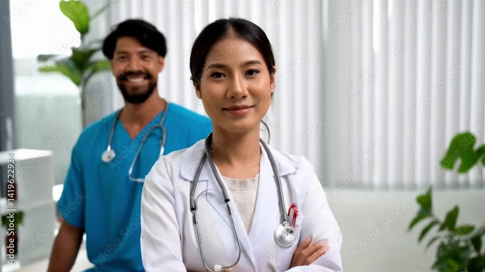 Confident Female Doctor with Stethoscope Standing in Clinic, Smiling Male Nurse in Background Confident Female Doctor with Stethoscope Standing in Clinic, Smiling Male Nurse in Background