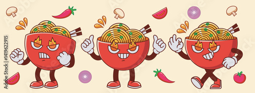 hot spicy ramen noodle character set. cartoon mascot with thumbs up and delicious pose. for label, branding, packaging, logo