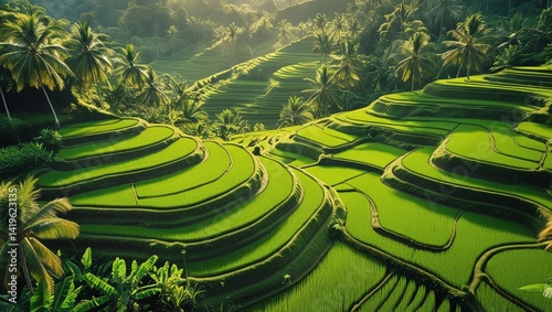 Aerial View of Lush Green Rice Terraces in Bali at Golden Hour