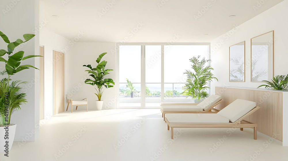 Fototapeta premium Modern Minimalist Spa Interior With Wooden Sun Loungers