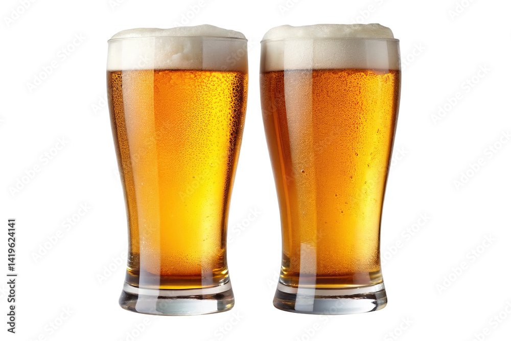 Two Glasses of Refreshing Golden Lager Beer with Foamy Head on White Two Glasses of Refreshing Golden Lager Beer with Foamy Head on White
