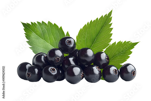 A cluster of ripe black chokeberries or elderberry with vibrant green leaves, isolated on a white transparent background.