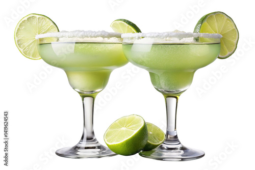 Two refreshing margaritas with salted rims and lime wedges on a white background