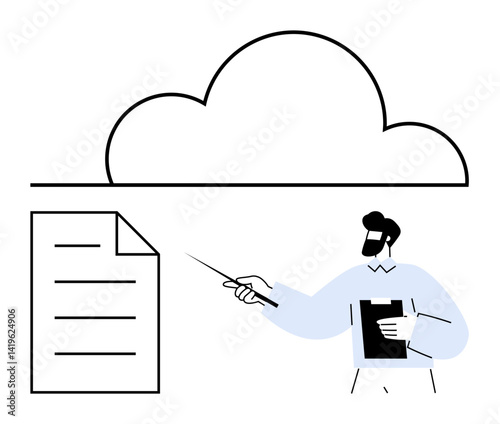 Man using pointer to explain cloud document storage concept next to a file icon and cloud shape. Ideal for presentation, cloud storage, data, teamwork, education, organization, flat simple metaphor