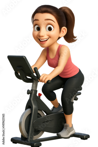 Animated woman happily cycling on a stationary bike  