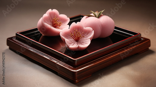 Japanese wagashi shaped like peach blossom lacquer t