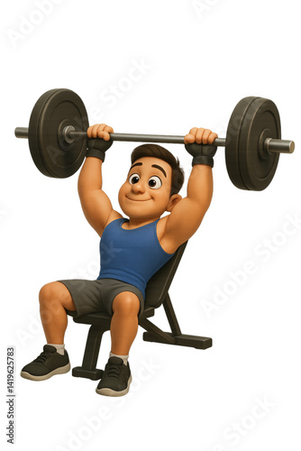 Animated character lifting weights in a gym setting  
