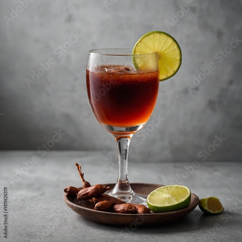 A red wine glass with a spiced mulled beverage featuring lemon and cinnamon, isolated as a sweet and fresh alcoholic drink