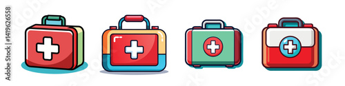 Colorful Cartoon First Aid Kits with Crosses for Emergency Preparedness