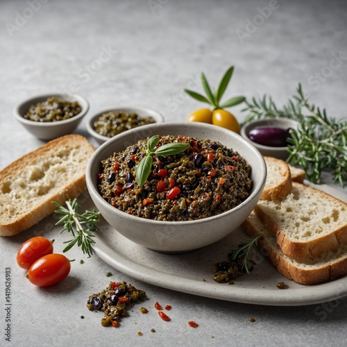 A red bowl of healthy tomato soup with fresh basil and other aromatic herbs and spices