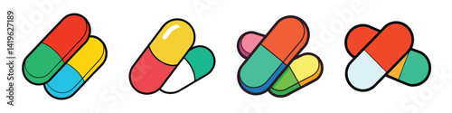 Colorful Multivitamin Pill Collection Illustration Depicting Medication and Healthcare Capsules