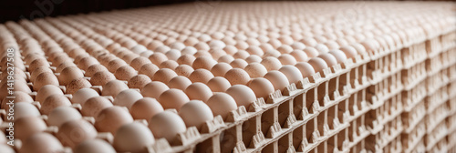Background lots of hen eggs in cardboard pallet stands ready for export or import.