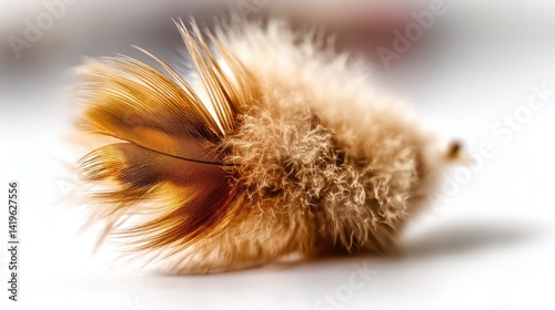 Close-Up of Soft, Fluffy Object with Brown and Golden Feather-Like Texture on a White Background