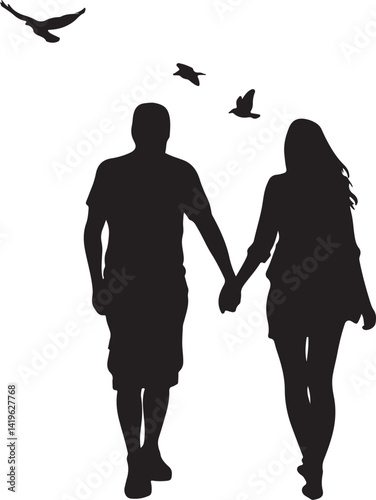 couple hand hold with birds vector silhouette
