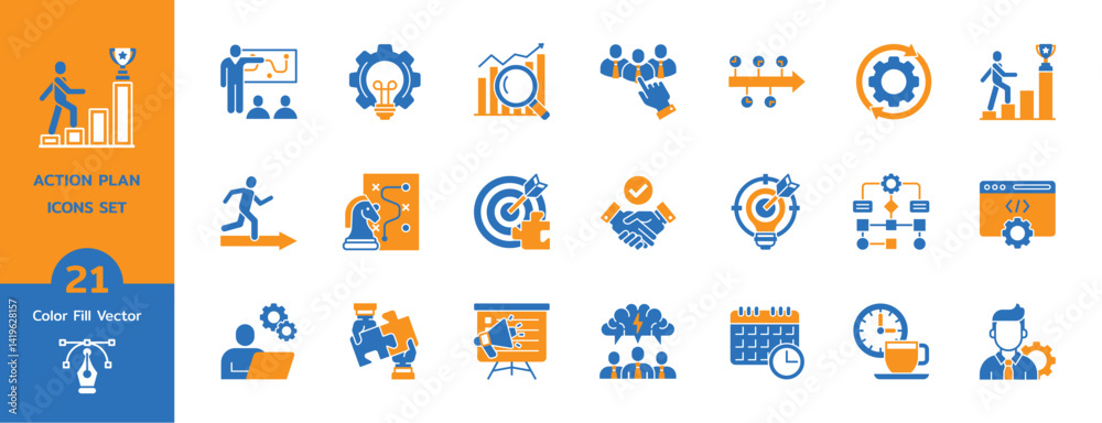 Action plan flat color icon set. Containing planning, schedule, strategy, analysis, goal, collaboration and objective icons. Two tone icon collection. Action plan flat color icon set. Containing planning, schedule, strategy, analysis, goal, collaboration and objective icons. Two tone icon collection.