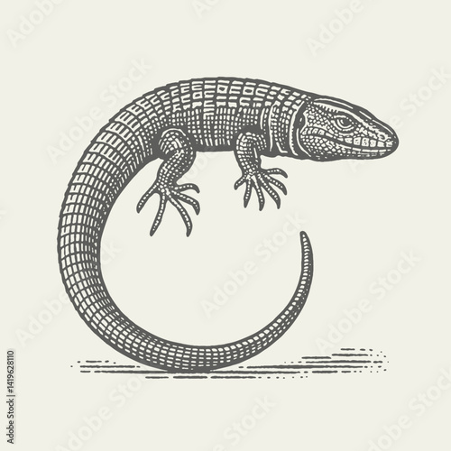 Caiman Lizard. Vintage woodcut engraving linocut style vector illustration.