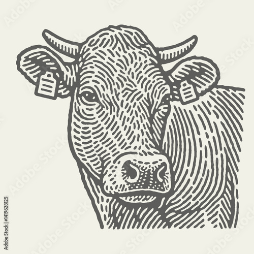 Cow Head. Vintage woodcut engraving linocut style vector illustration.