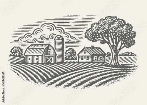 Farm Landscape. Vintage woodcut engraving linocut style vector illustration.