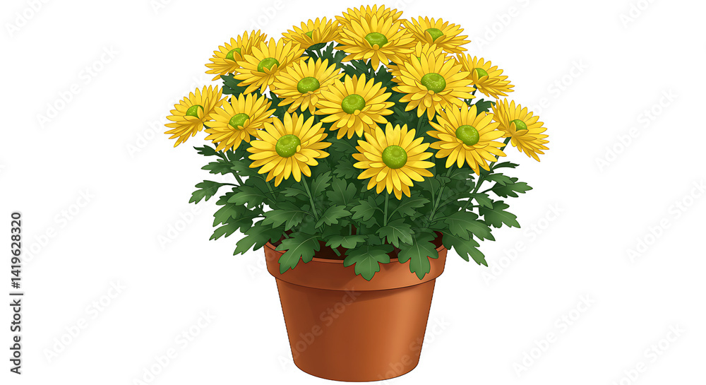 A pot of yellow chrysanthemums with green centers and leaves on a black background illustration style A pot of yellow chrysanthemums with green centers and leaves on a black background illustration style