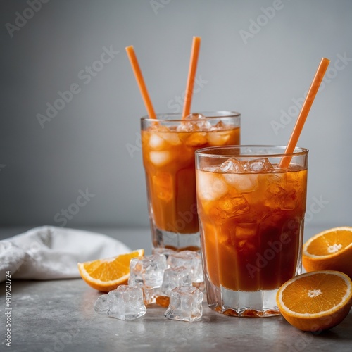 A refreshing glass holds a cold, iced orange beverage with a lemon slice
