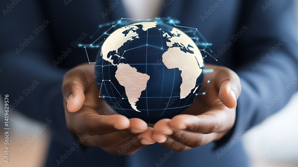 Business professional holding a digital globe, symbolizing global connectivity and technology Business professional holding a digital globe, symbolizing global connectivity and technology