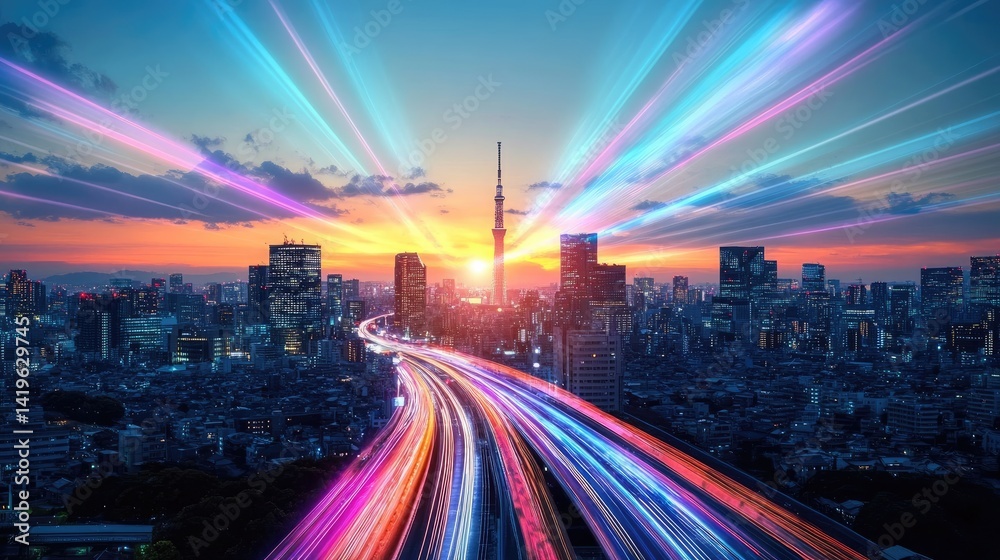 Fototapeta premium Dynamic Cityscape with Colorful Light Beams Symbolizing Fast Data Trans