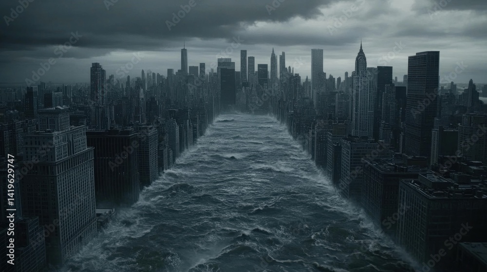 Obraz premium A catastrophic flood submerges a dense urban skyline.