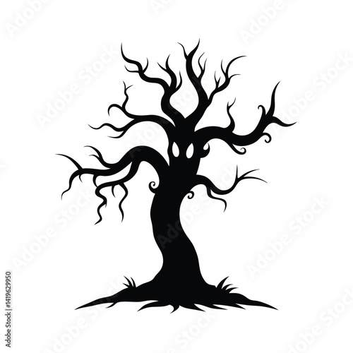 twisted spooky tree silhouette on white background