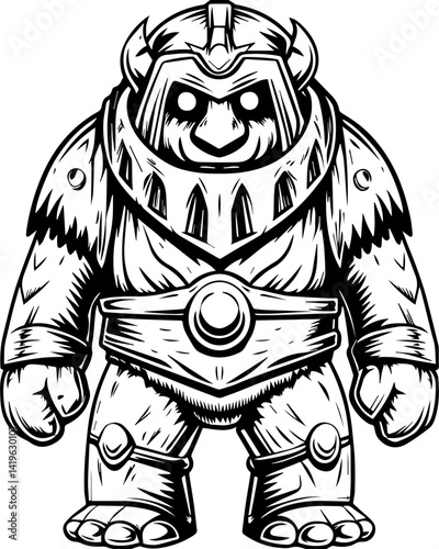 Cyberpunk demonic warriors design, SVG vector. Mighty Armored Bear Character in Vintage Black and White Style Illustration