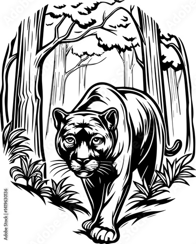 Cyberpunk demonic warriors design, SVG vector. Majestic Panther Emerging from Dense Forest with Intricate Line Art Design