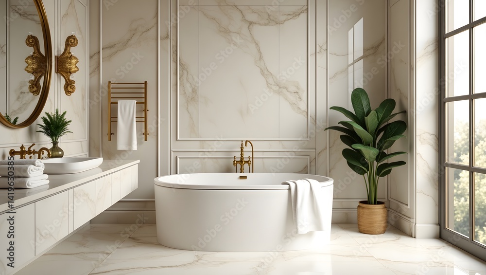 Luxurious marble bathroom with golden fixtures.