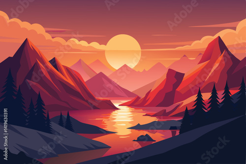 Peaceful Mountains Nature Landscape with River View and Sun at Sunset Sunrise.