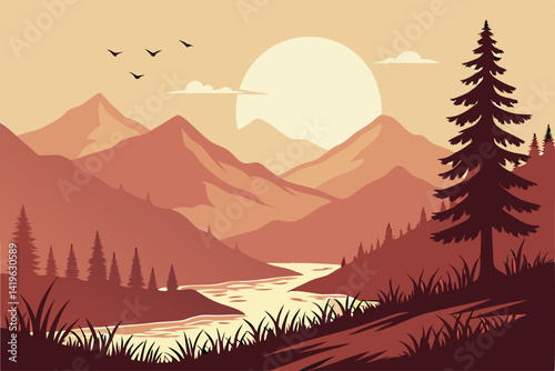 Peaceful Mountains Nature Landscape with River View and Sun at Sunset Sunrise.