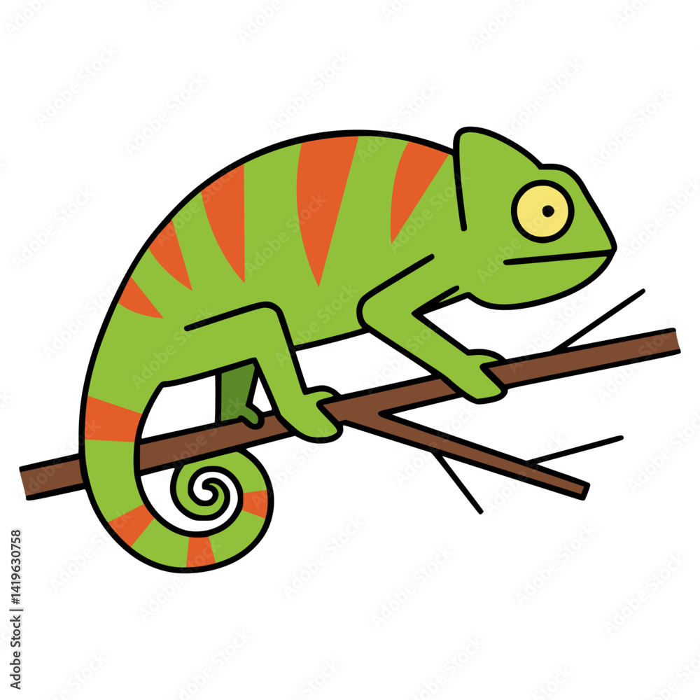 Fototapeta premium cute chameleon on a tree flat color vector illustration template design
