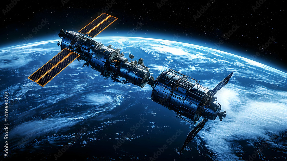 Obraz premium Spacecraft Orbiting Earth At Night