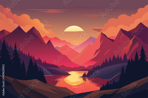 Peaceful Mountains Nature Landscape with River View and Sun at Sunset Sunrise.