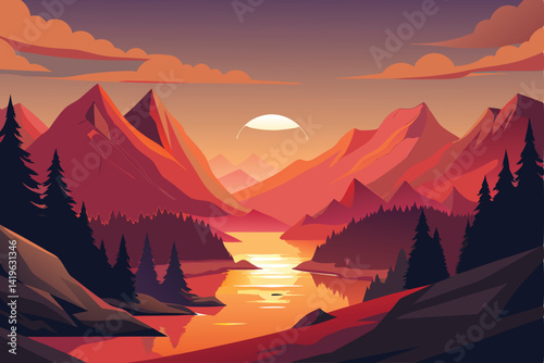 Peaceful Mountains Nature Landscape with River View and Sun at Sunset Sunrise.