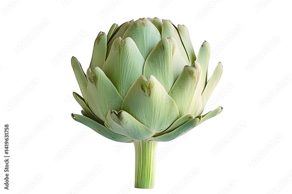 Obraz premium Single fresh green artichoke with detailed texture isolated on white transparent background. Concept of healthy eating, organic food, and vegetarian diet