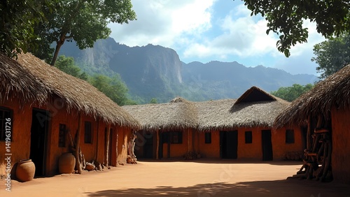Thatched roof huts form a village courtyard with mountains in the background. photo
