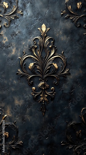 Ornate dark blue wall mobile wallpaper with elegant gold floral patterns and central motif

