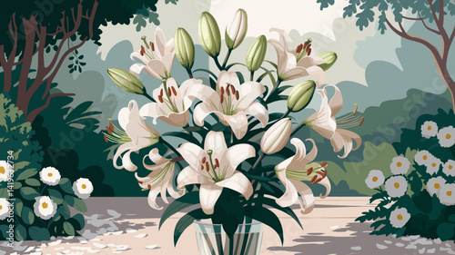 Illustration of elegant white Easter lilies bouquet in full bloom against serene green background